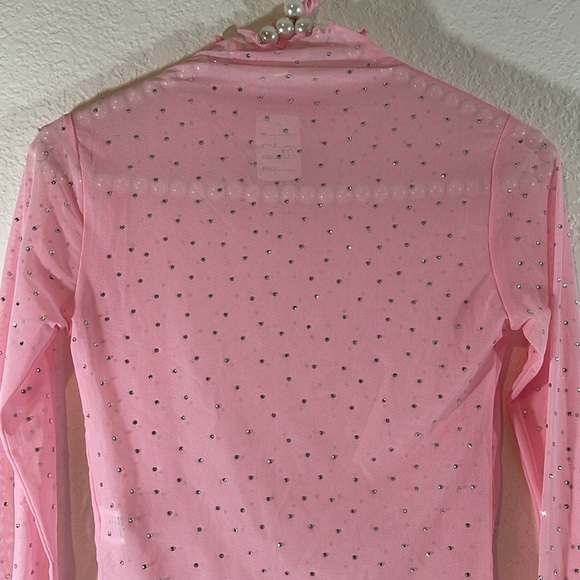 BEAR DANCE Long Sleeve Fur Trim Rhinestone Mesh Top Size Medium New - Picture 6 of 11